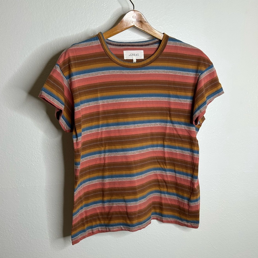 THE GREAT. Short Sleeve Striped Tee in Rust, Pink, Blue, Olive